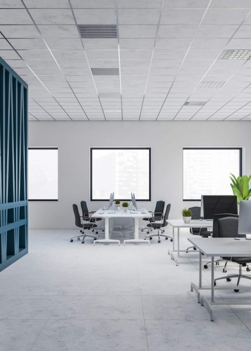 Interior of stylish open space office with white and blue walls, white tiled floor and rows of computer tables. 3d rendering